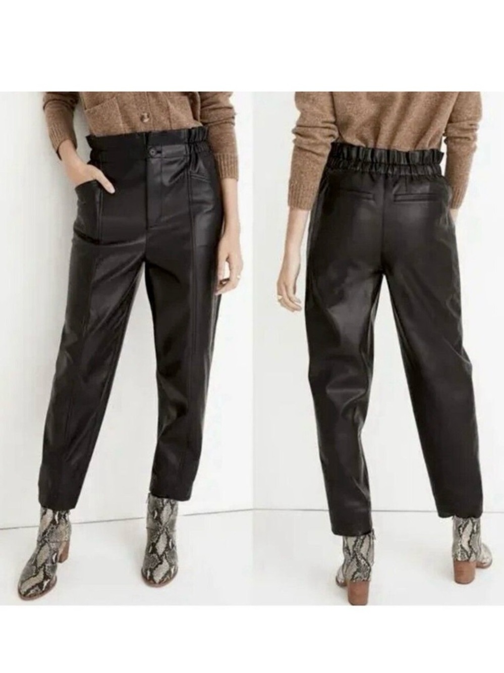 Madewell Vegan Faux Leather Paperbag High Waisted Elastic Zip Pants Black Size 2
